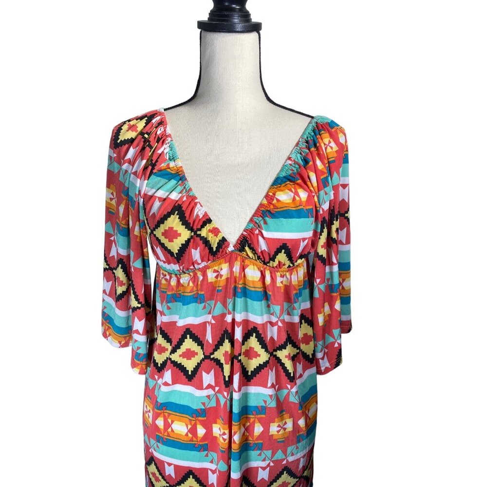Boho‎ Chic V-Neck Tribal Print Mini Dress With 3/4 Sleeves & Empire Waist - Picture 4 of 12